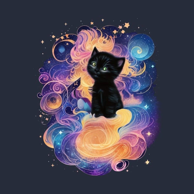 Night Magic: Black Kitten Sitting on Pink Clouds under a Starry Sky by marleks