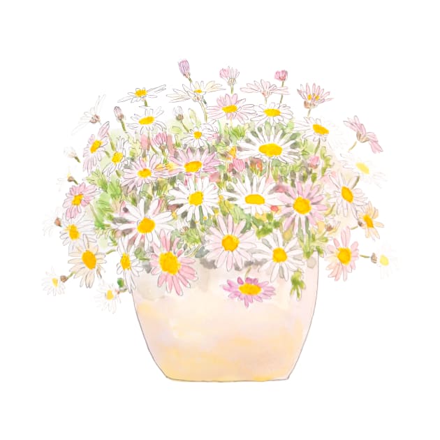 white and pink daisies in pot watercolor by colorandcolor