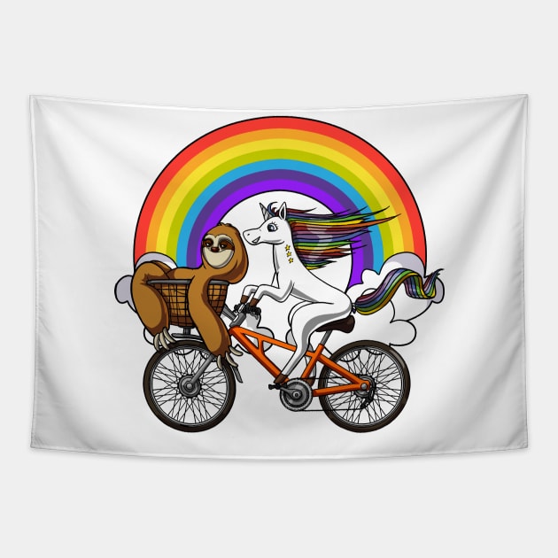 Unicorn Sloth Riding Bicycle Tapestry by underheaven