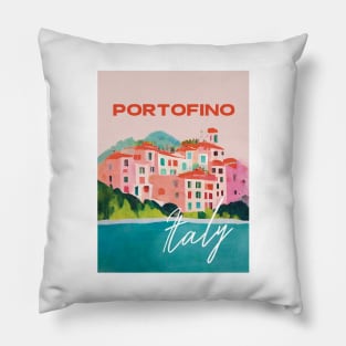 Portofino Abstract Gouache Travel Poster Italy Retro Wall Art Illustration Pillow