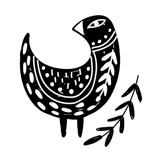 Folk Art Bird with Branch of Leaves in Black by Pixelchicken