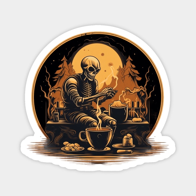 Night Coffee Ritual Skeleton Magnet by MetaBrush