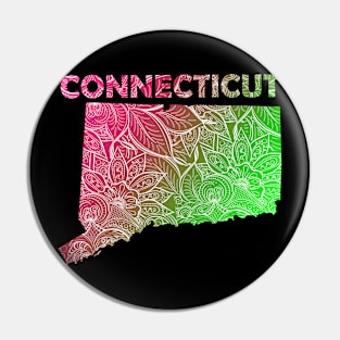 Colorful mandala art map of Connecticut with text in pink and green Pin