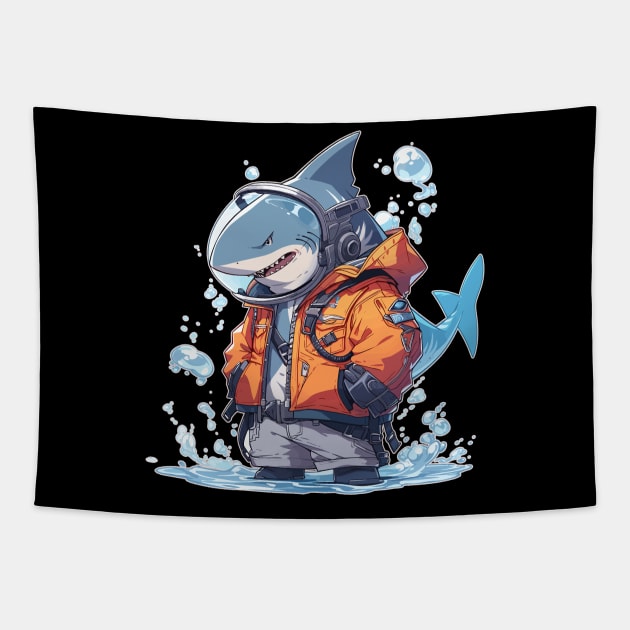 Anime Deep Sea Diver Shark Tapestry by DanielLiamGill