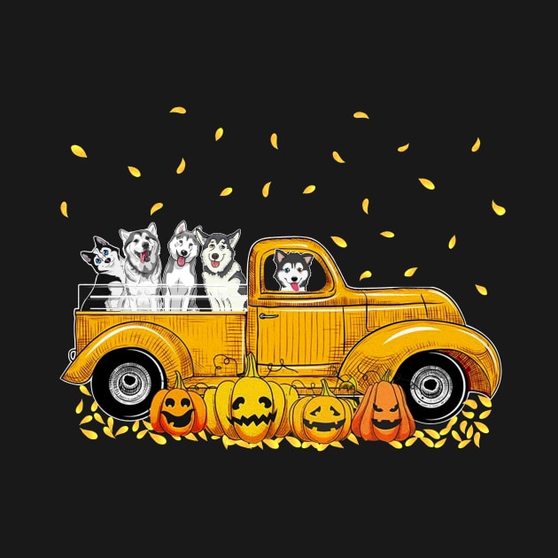 Yellow Car Truck French Huskies And Pumpkins Halloween by Margaretsantana