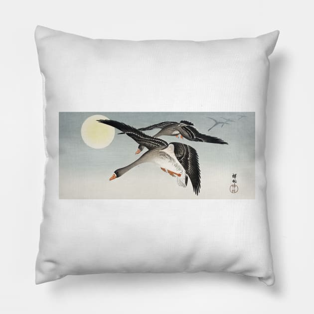 Geese At Full Moon (1900 - 1936) by Ohara Koson Pillow by Oldetimemercan