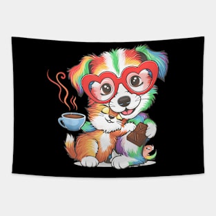 Cut Dog Hugging Cat With Coffee and Chocolate Tapestry