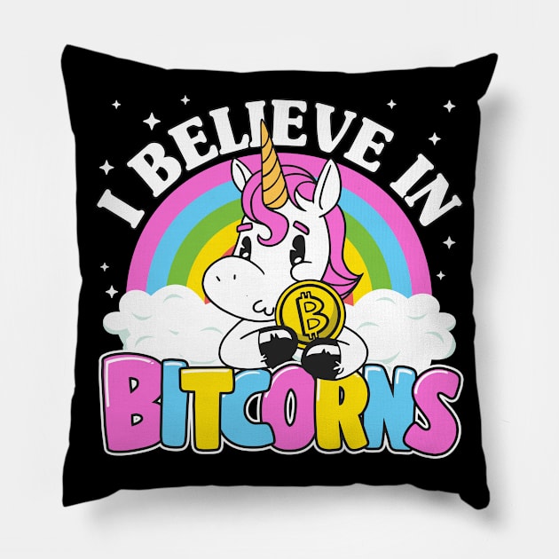 I Believe In Bitcorns Cute Vintage Bitcoin Unicorn Funny BTC Gift Pillow by Kuehni