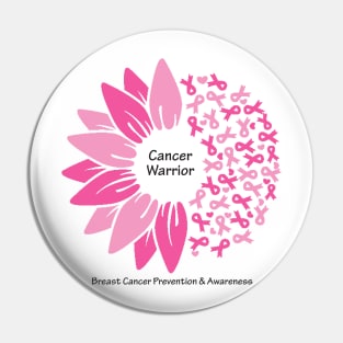 Breast cancer warrior with flower, ribbons & black type Pin