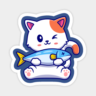 Cute Cat Holding Fish Cartoon Magnet