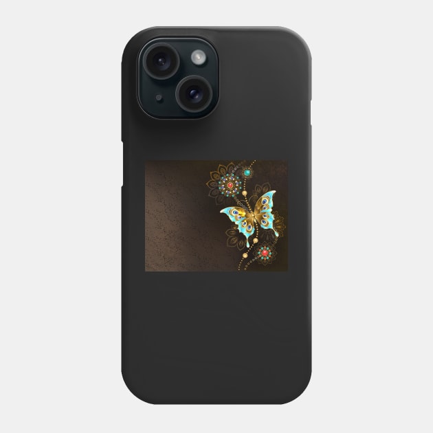 Brown Background with Turquoise Butterfly Phone Case by Blackmoon9