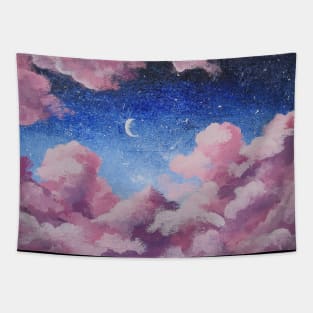 Galaxy Sky Pink Clouds Night Sky Moon Stars Tapestry