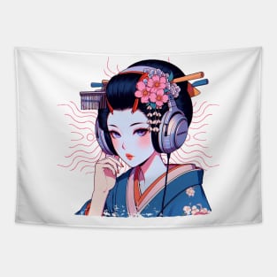 Geisha with Headphones Tapestry