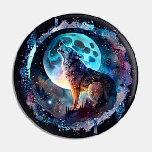 Wolf Howling Moon Glitch Art Pin