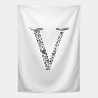 Henna Alphabet V / Henna Letter V - Black Henna Line Art Tapestry