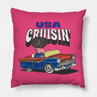 Humorous funny and cute black lab is driving a vintage car through the USA tee Pillow