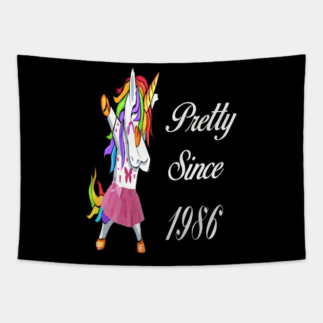 Pretty Since 1986 Colorful Dabbing Girl Unicorn in Tutu Tapestry by familycuteycom