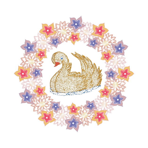 Gold Swan with Flowers by MitaDreamDesign