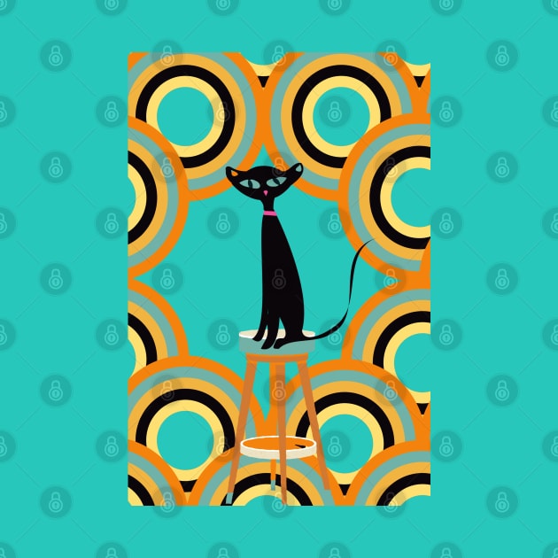 Black Cat Surrounded by Retro Shapes by Lisa Williams Design