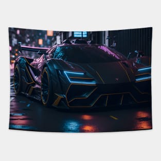 Dark Sports Car in Japanese Neon City Tapestry