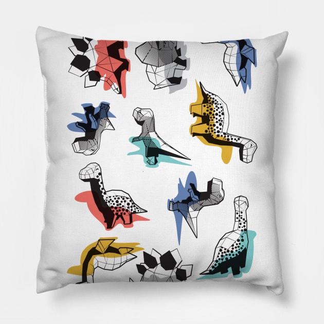 Geometric Dinos // print // non directional design white background multicoloured dinosaurs shadows Pillow by SelmaCardoso