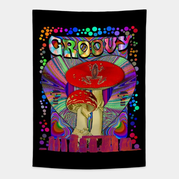 Psychedelic Groovy Magic Mushroom Frog Inner Dimension Trippy Hippy Colorful Tie Dye Shirt Mug Tapestry Sticker + More Tapestry by blueversion
