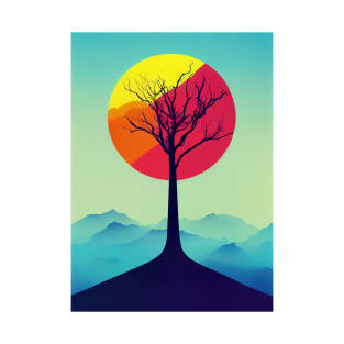 Lonely Tree in Misty Mountains at Dusk Vibrant Colored Whimsical Minimalist - Abstract Minimalist Bright Colorful Nature Poster Art of a Leafless Branches T-Shirt