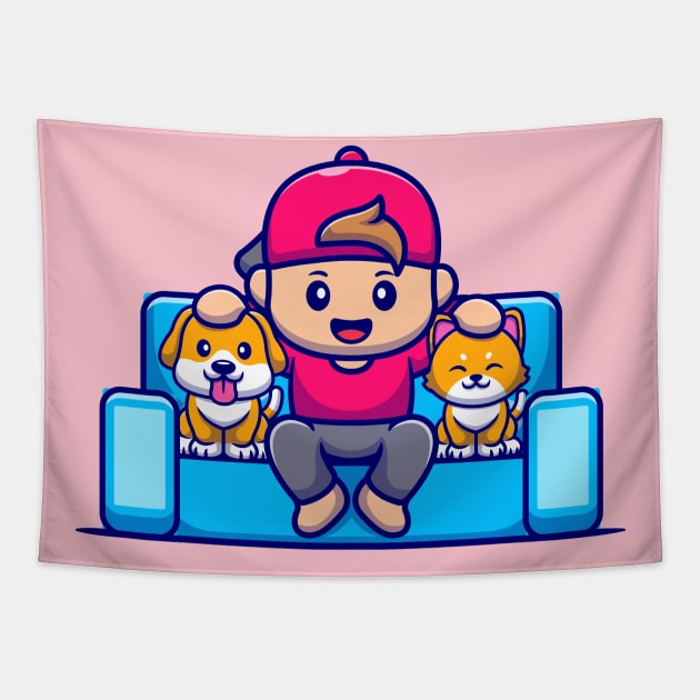 Cute Boy With Dog And Cat Cartoon Tapestry by Catalyst Labs
