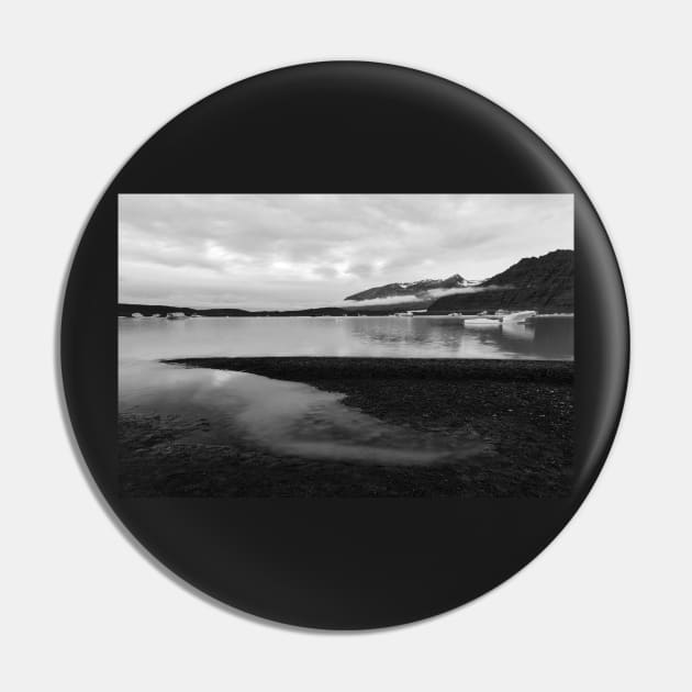 Skaftafell Glacier Lake - Black & White Pin by somadjinn