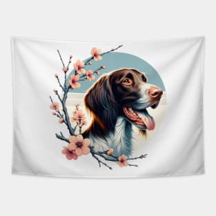 Joyful German Longhaired Pointer with Spring Cherry Blossoms Tapestry