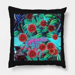 Tui in Pohutukawa Pattern Pillow