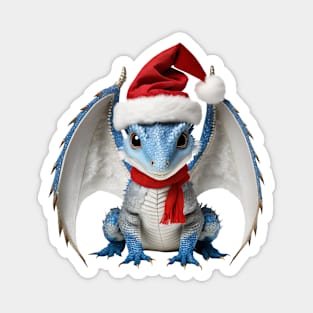 Adorable Blue Baby Dragon Wearing a Red Festive Christmas Hat Magnet