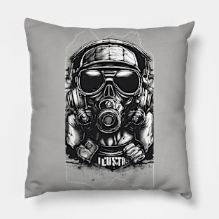 Sonorous Sentinel, Gas Mask Headphones Greyscale Pillow