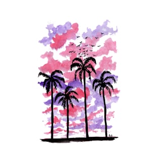 Pastel Clouds Coconut Trees Gouache Painting T-Shirt