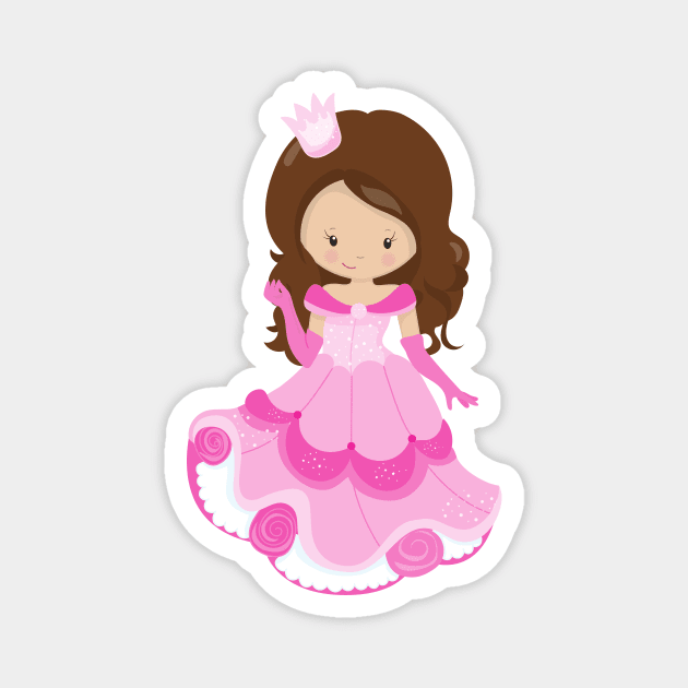 Cute Princess, Crown, Pink Dress, Brown Hair Magnet by Jelena Dunčević