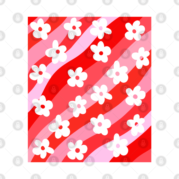 Pink and Red Groovy Flowers on Wavy Stripes by OneThreeSix