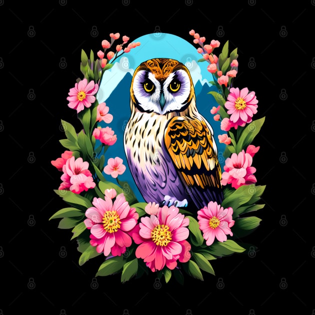 A Cute Short Eared Owl Surrounded by Bold Vibrant Spring Flowers by BirdsnStuff