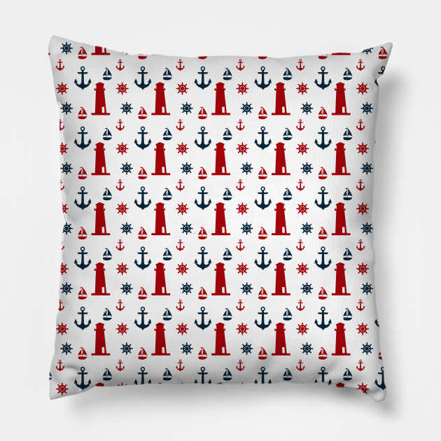 Red and Navy Blue Nautical Anchor & Lighthouse Pillow by Peter the T-Shirt Dude