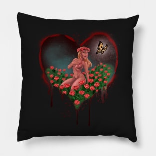 LOVE HEART with BUTTERFLY and ROSES - Graffiti Style (Black) Pillow