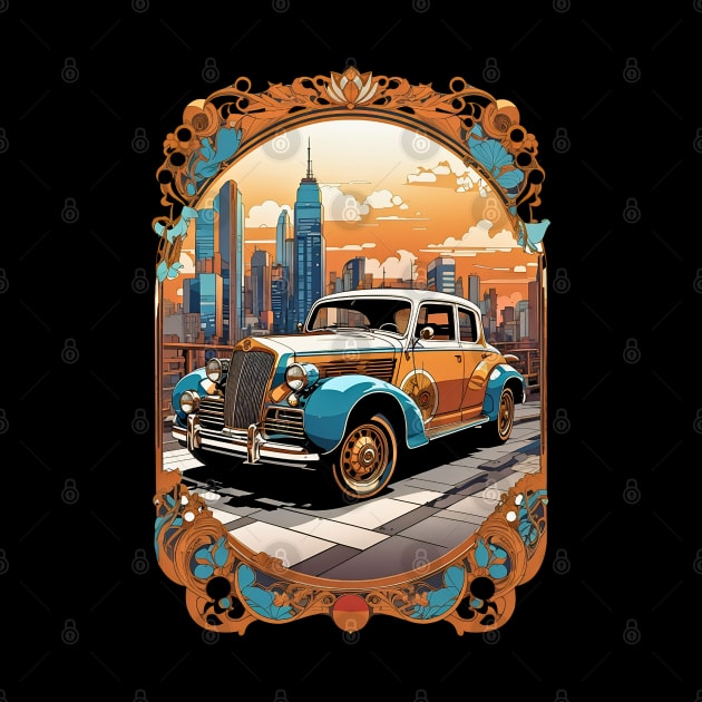 Classic Car City Sunset retro vintage floral design by Neon City Bazaar