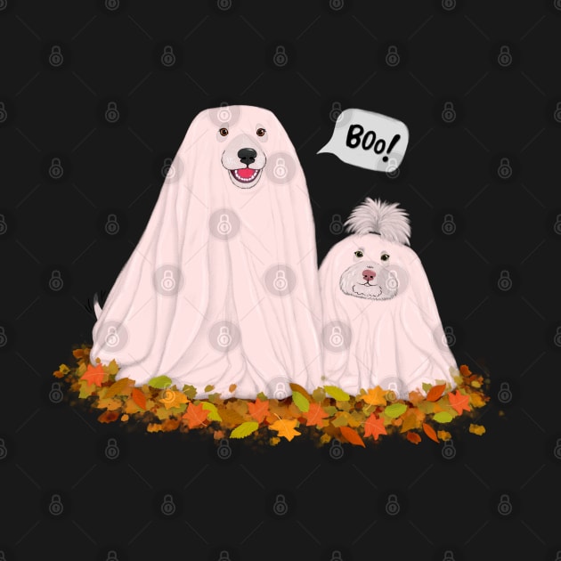 Illustrated spooky cute dogs dressed as ghosts for Halloween by illograph