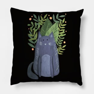 Cat and foliage - grey autumn with dark backgound Pillow