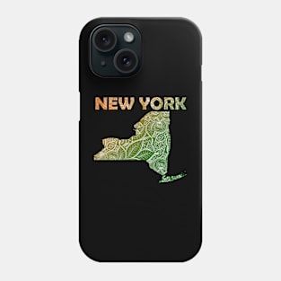 Colorful mandala art map of New York with text in green and orange Phone Case