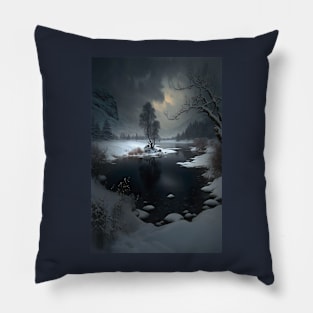 Landscape of winter lake in mountain valley - eerie nights Pillow