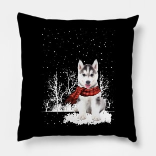 Christmas Husky With Scarf In Winter Forest Pillow