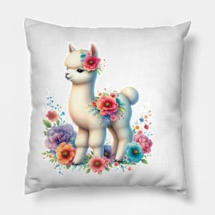 An alpaca decorated with beautiful colorful flowers. Pillow