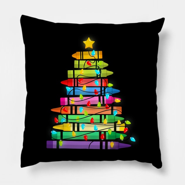 Teacher Crayon Christmas Tree Lights Student School Xmas Pillow by rivkazachariah