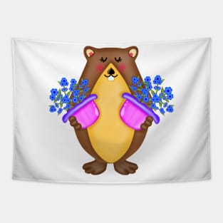 Cute groundhog with blue flowers Tapestry