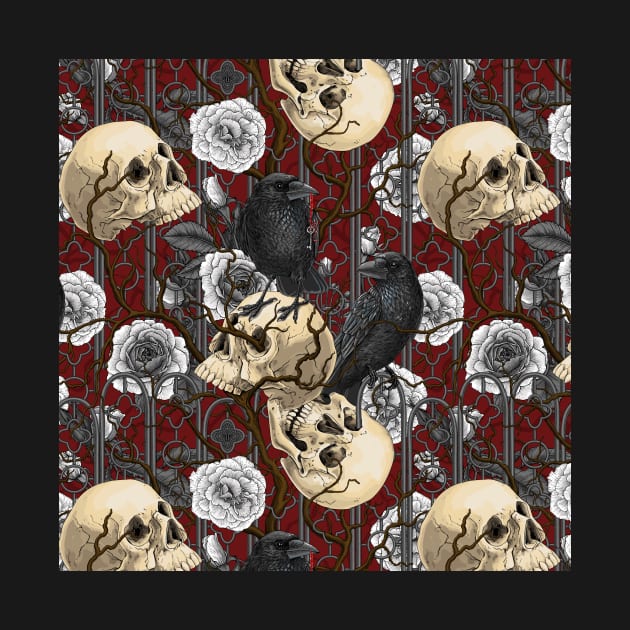 Raven's secret. Dark and moody gothic illustration with human skulls and roses by katerinamk