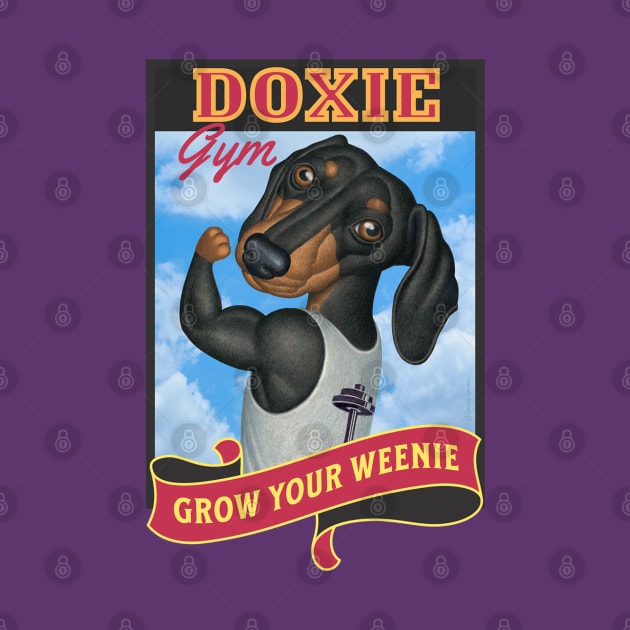 Fun dachshund in gym where you grow your weenie in red by Danny Gordon Art